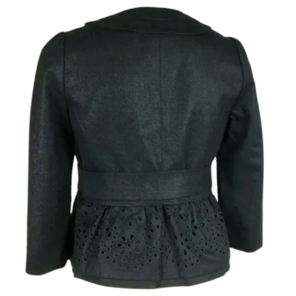 REBECCA TAYLOR Wool Crop Blazer Eyelet Peplum Detail Puff Shoulder Grey Gray XS - Picture 3 of 11
